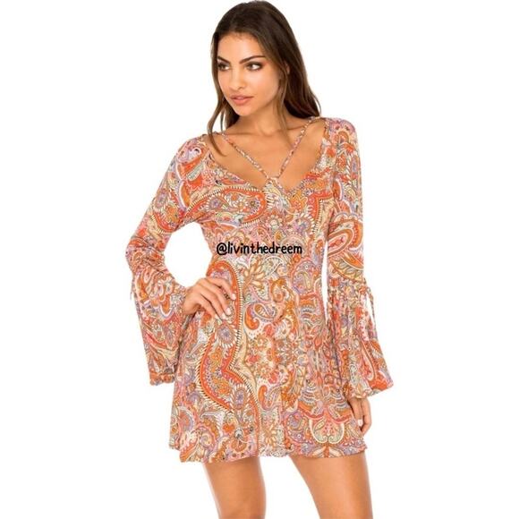 Luli Fama ANDALUZ V Neck Bell Sleeve Short Dress SZ L $145 - Picture 3 of 11